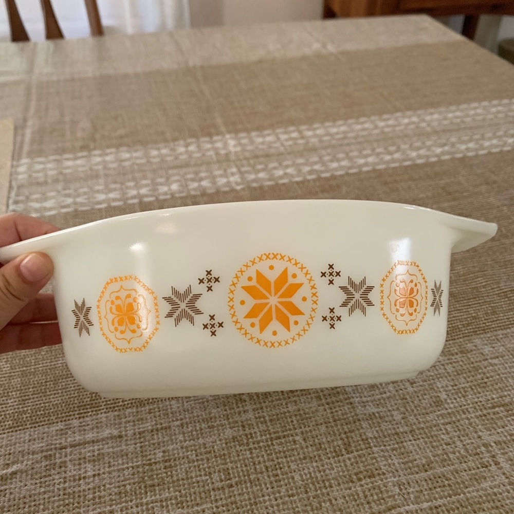 Vtg Pyrex Town & Country 043 Oval Baker Casserole Dish Glass Orange Brown White